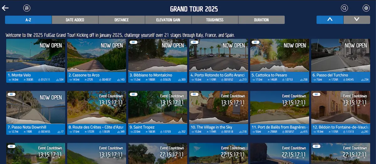 Example of FulGaz routes, above is their 2025 "Grand Tour"